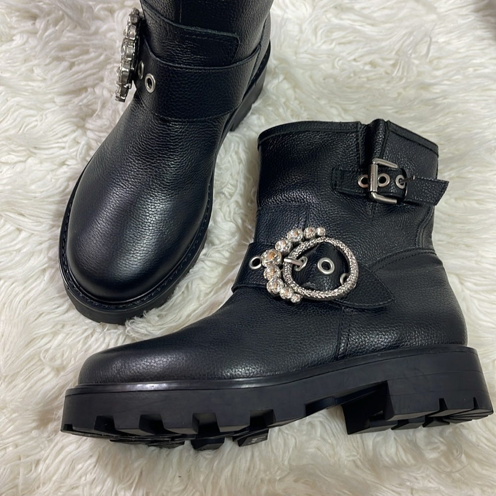NEW KARL LAGERFELD PARIS
Women's Marceau Embellished Black Leather Buckle Boots - Picture 2 of 13